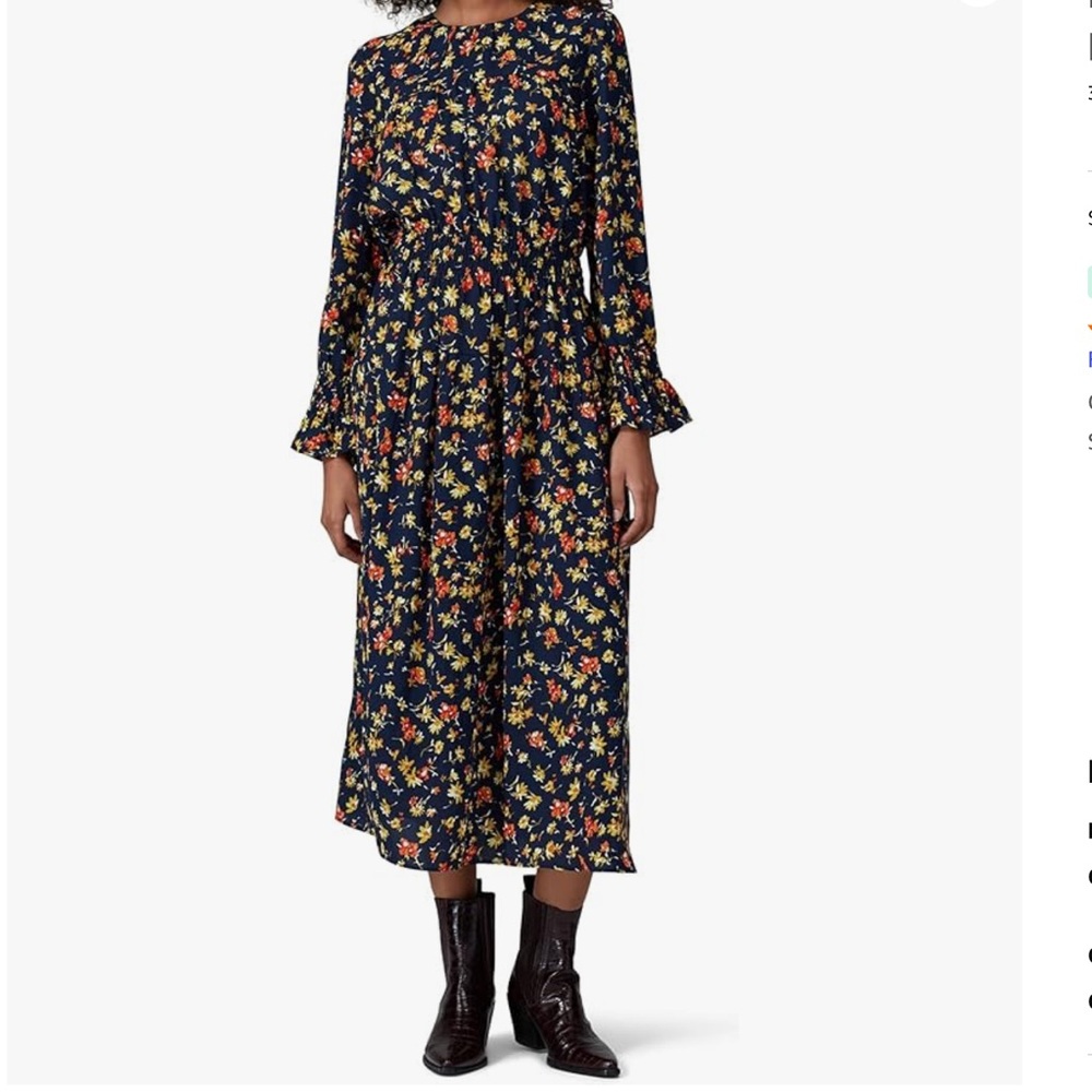 Whistles Navy Floral Smocked Waist Midi Dress Long Sleeve Ruffle Cuff - Picture 1 of 7